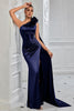 Load image into Gallery viewer, Navy Mermaid One Shoulder Ruched Long Prom Dress with 3D Flower