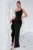 Load image into Gallery viewer, Black Ruffled One Shoulder Mermaid Long Prom Dress with Slit