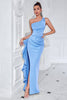 Load image into Gallery viewer, Black Ruffled One Shoulder Mermaid Long Prom Dress with Slit