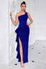Load image into Gallery viewer, Black Ruffled One Shoulder Mermaid Long Prom Dress with Slit