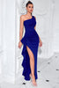 Load image into Gallery viewer, Black Ruffled One Shoulder Mermaid Long Prom Dress with Slit