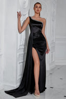 Load image into Gallery viewer, Sparkly Black One Shoulder Mermaid Long Prom Dress with Side Cape
