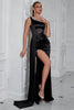 Load image into Gallery viewer, Sparkly Black One Shoulder Mermaid Long Prom Dress with Side Cape