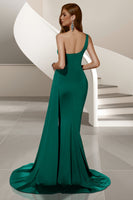 Load image into Gallery viewer, Dark Green Mermaid Satin One Shoulder Ruched Long Prom Dress with Side Cape