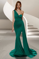Load image into Gallery viewer, Dark Green Mermaid Satin One Shoulder Ruched Long Prom Dress with Side Cape