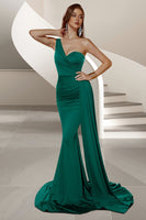Load image into Gallery viewer, Dark Green Mermaid Satin One Shoulder Ruched Long Prom Dress with Side Cape