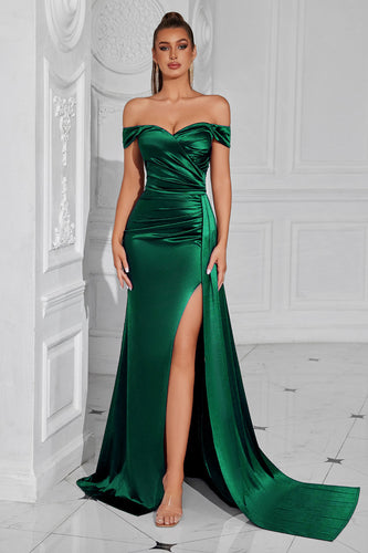 Dark Green Off The Shoulder Mermaid Ruched Maxi Prom Dress with Slit