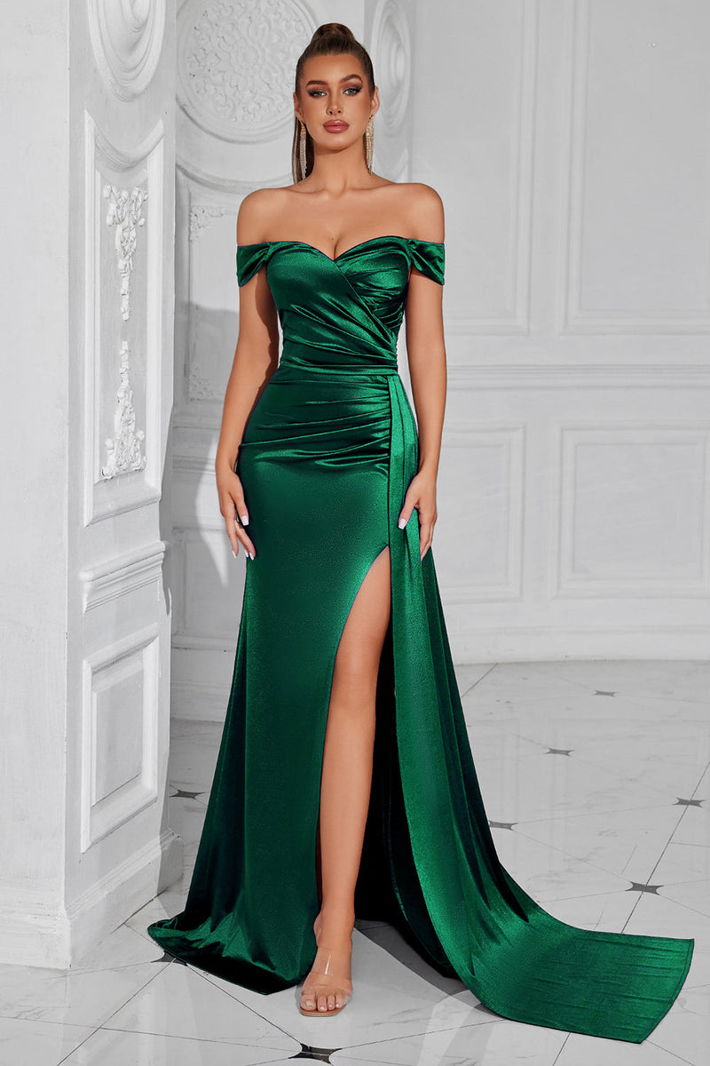Load image into Gallery viewer, Dark Green Off The Shoulder Mermaid Ruched Maxi Prom Dress with Slit