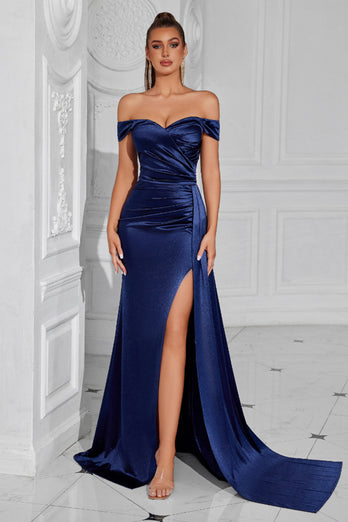 Dark Green Off The Shoulder Mermaid Ruched Maxi Prom Dress with Slit