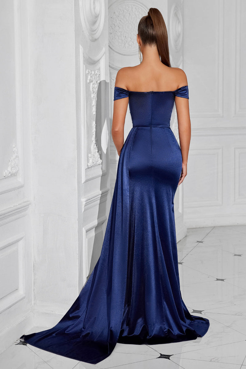 Load image into Gallery viewer, Dark Green Off The Shoulder Mermaid Ruched Maxi Prom Dress with Slit