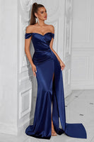 Load image into Gallery viewer, Dark Green Off The Shoulder Mermaid Ruched Maxi Prom Dress with Slit