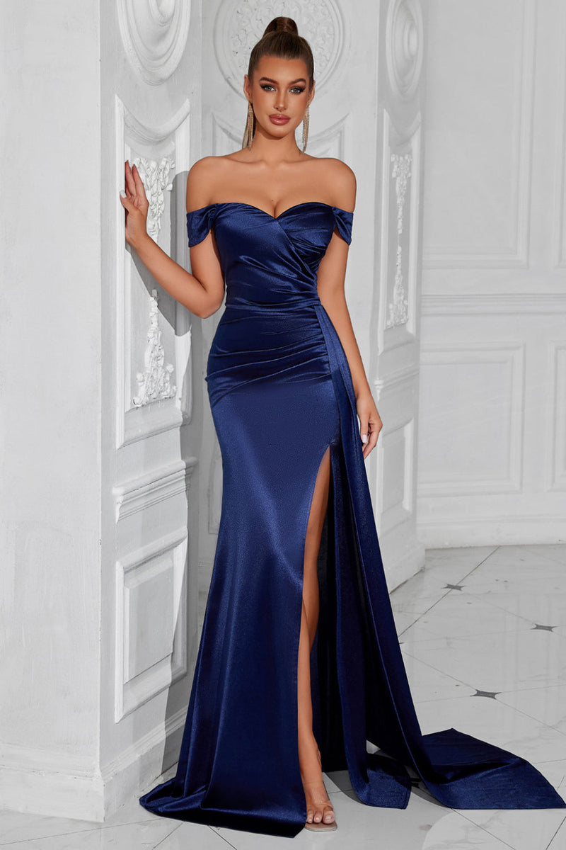 Load image into Gallery viewer, Dark Green Off The Shoulder Mermaid Ruched Maxi Prom Dress with Slit