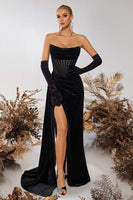 Load image into Gallery viewer, Black Velvet Strapless Sheath Ruched Long Corset Prom Dress with Slit
