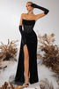 Load image into Gallery viewer, Black Velvet Strapless Sheath Ruched Long Corset Prom Dress with Slit