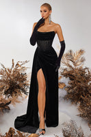 Load image into Gallery viewer, Black Velvet Strapless Sheath Ruched Long Corset Prom Dress with Slit