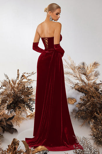 Black Velvet Strapless Sheath Ruched Long Corset Prom Dress with Slit