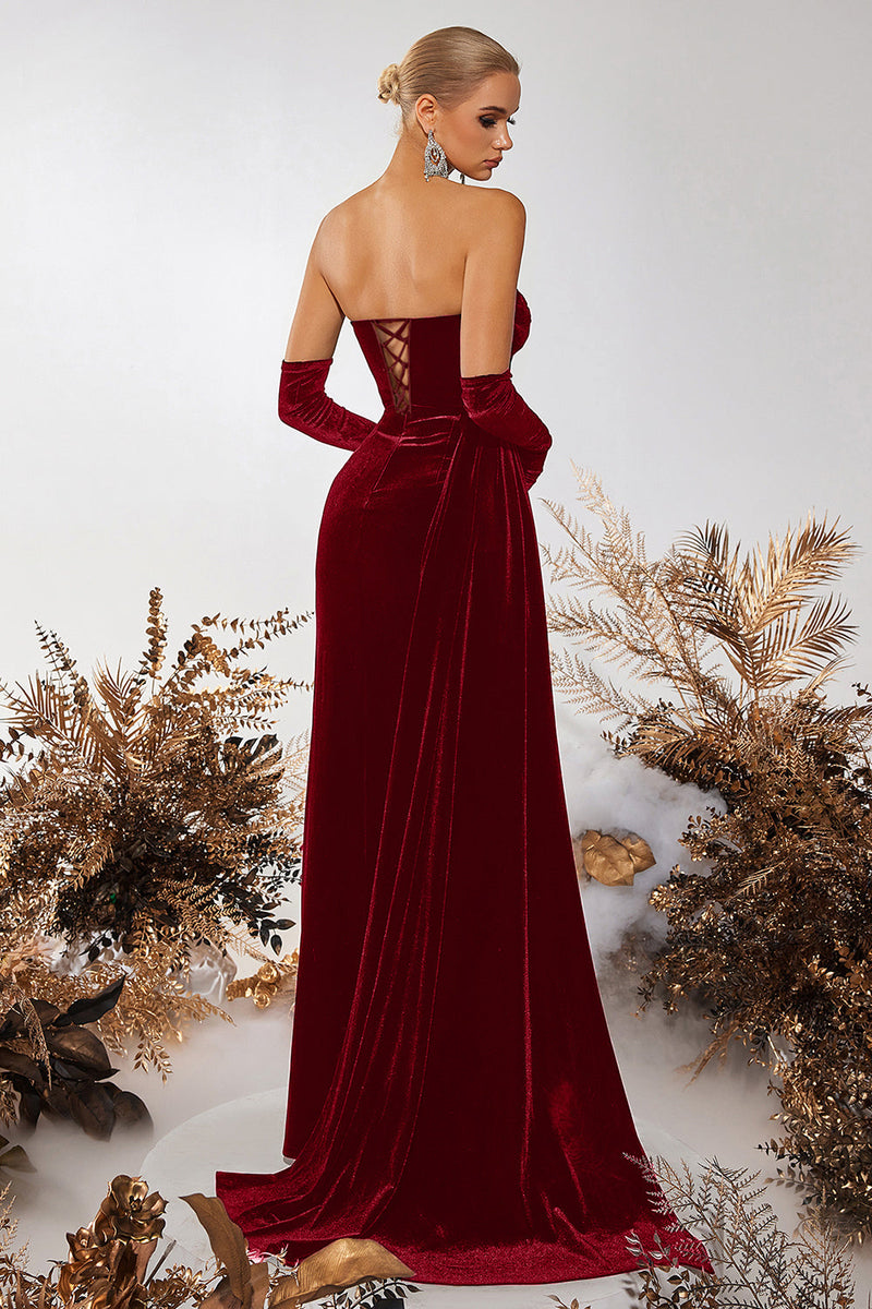Load image into Gallery viewer, Black Velvet Strapless Sheath Ruched Long Corset Prom Dress with Slit