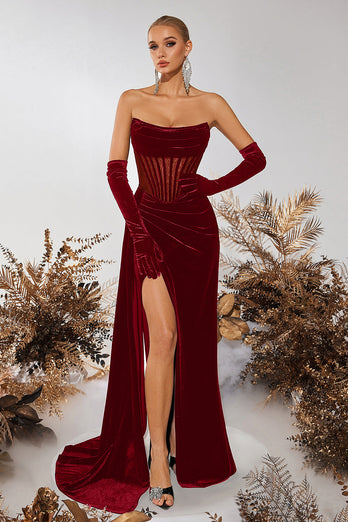 Black Velvet Strapless Sheath Ruched Long Corset Prom Dress with Slit