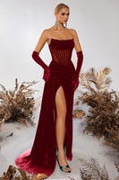 Load image into Gallery viewer, Black Velvet Strapless Sheath Ruched Long Corset Prom Dress with Slit