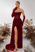 Load image into Gallery viewer, Black Velvet Strapless Sheath Ruched Long Corset Prom Dress with Slit