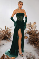 Load image into Gallery viewer, Black Velvet Strapless Sheath Ruched Long Corset Prom Dress with Slit