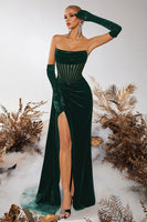 Load image into Gallery viewer, Black Velvet Strapless Sheath Ruched Long Corset Prom Dress with Slit