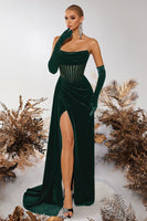 Load image into Gallery viewer, Black Velvet Strapless Sheath Ruched Long Corset Prom Dress with Slit