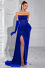 Load image into Gallery viewer, Black Velvet Strapless Sheath Ruched Long Corset Prom Dress with Slit