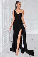Load image into Gallery viewer, Black One Shoulder Mermaid Ruched Long Prom Dress with Slit