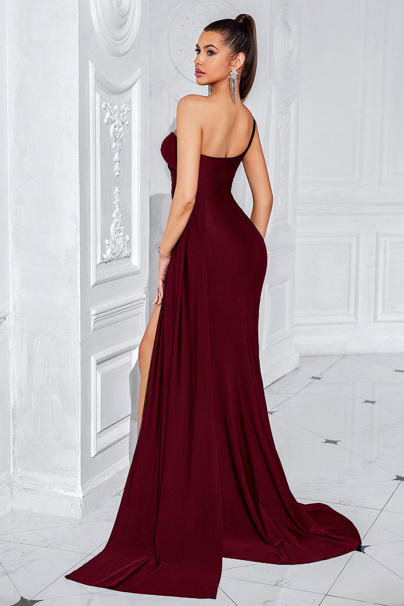 Load image into Gallery viewer, Black One Shoulder Mermaid Ruched Long Prom Dress with Slit