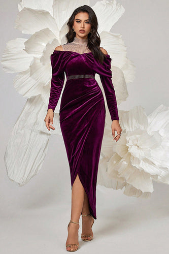 Dark Purple Bodycon Velvet High Neck Ruched Long Sleeves Prom Dress