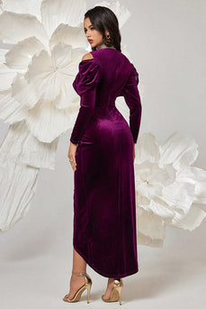 Dark Purple Bodycon Velvet High Neck Ruched Long Sleeves Prom Dress