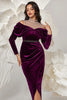 Load image into Gallery viewer, Dark Purple Bodycon Velvet High Neck Ruched Long Sleeves Prom Dress