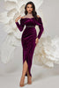Load image into Gallery viewer, Dark Purple Bodycon Velvet High Neck Ruched Long Sleeves Prom Dress