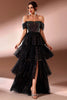 Load image into Gallery viewer, Sparkly Black Tiered Off The Shoulder A Line Long Prom Dress with Slit