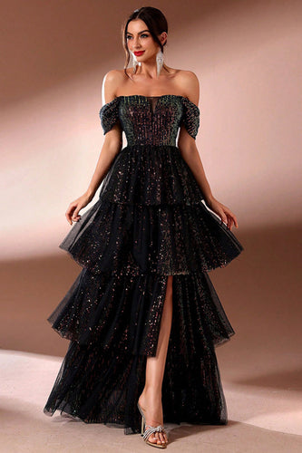 Sparkly Black Tiered Off The Shoulder A Line Long Prom Dress with Slit