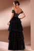 Load image into Gallery viewer, Sparkly Black Tiered Off The Shoulder A Line Long Prom Dress with Slit