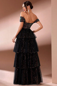 Sparkly Black Tiered Off The Shoulder A Line Long Prom Dress with Slit