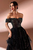 Load image into Gallery viewer, Sparkly Black Tiered Off The Shoulder A Line Long Prom Dress with Slit