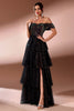 Load image into Gallery viewer, Sparkly Black Tiered Off The Shoulder A Line Long Prom Dress with Slit