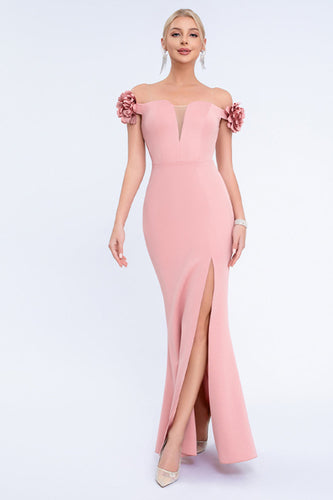 Blush Off The Shoulder Mermaid Long Prom Dress with 3D Flowers