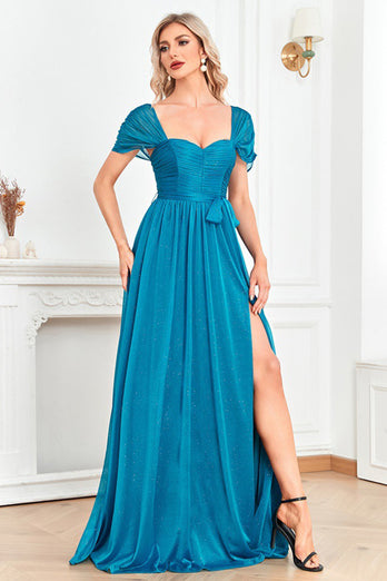 Blue Sweetheart A Line Ruched Sash Long Prom Dress with Slit