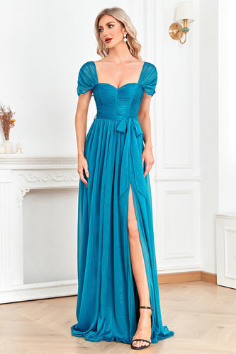 Blue Sweetheart A Line Ruched Sash Long Prom Dress with Slit