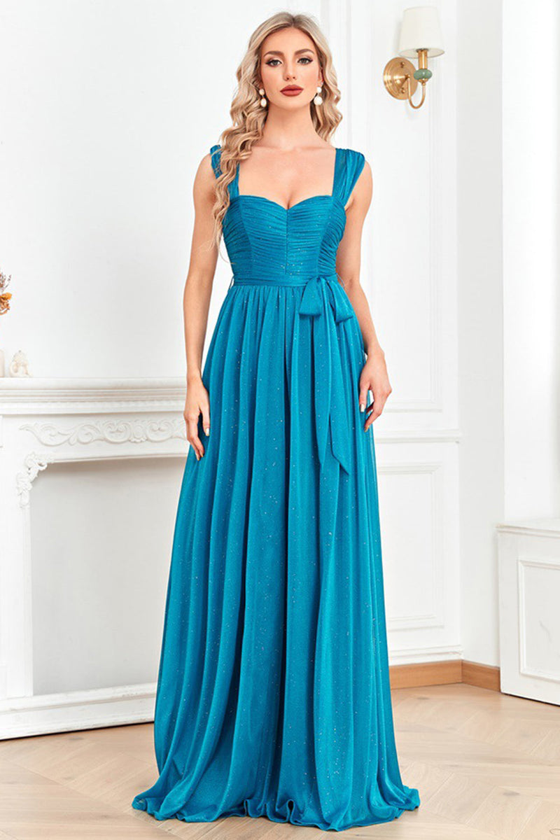 Load image into Gallery viewer, Blue Sweetheart A Line Ruched Sash Long Prom Dress with Slit