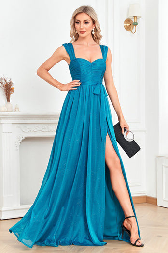 Blue Sweetheart A Line Ruched Sash Long Prom Dress with Slit