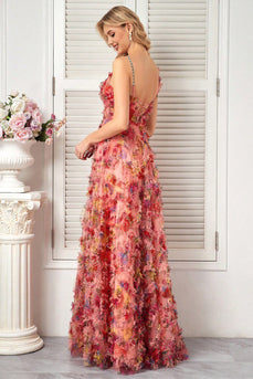 Floral Blush Spaghetti Straps A Line Long Prom Dress with Ruffles