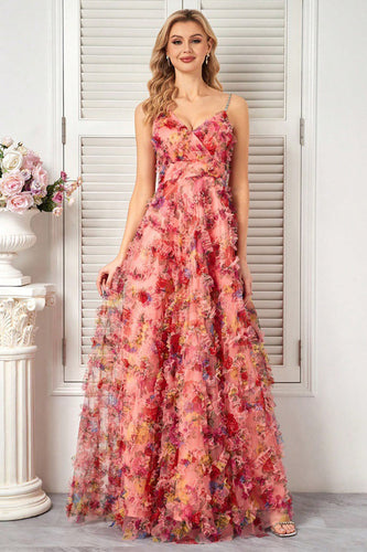 Floral Blush Spaghetti Straps A Line Long Prom Dress with Ruffles