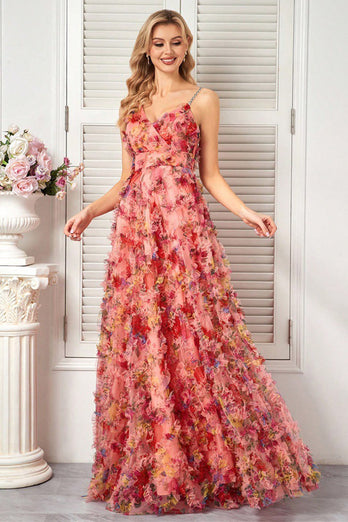 Floral Blush Spaghetti Straps A Line Long Prom Dress with Ruffles