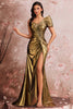 Load image into Gallery viewer, Golden Metallic One Shoulder Mermaid Ruched Long Prom Dress with Slit