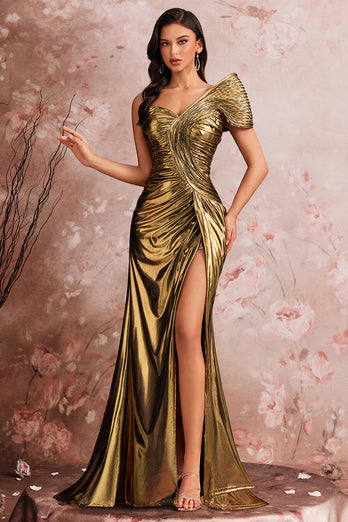 Golden Metallic One Shoulder Mermaid Ruched Long Prom Dress with Slit